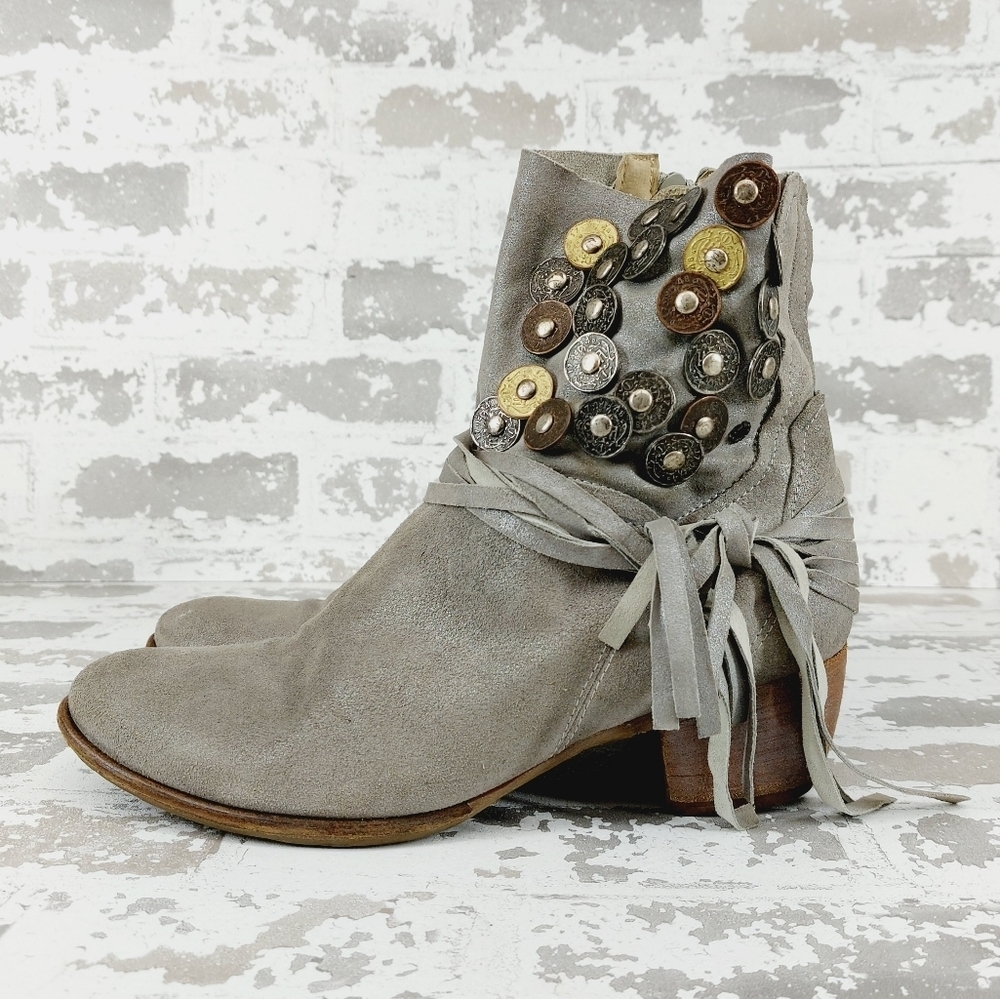 Khrio Suede Grey Block Heel Studds Fringe Ankle Boots T71